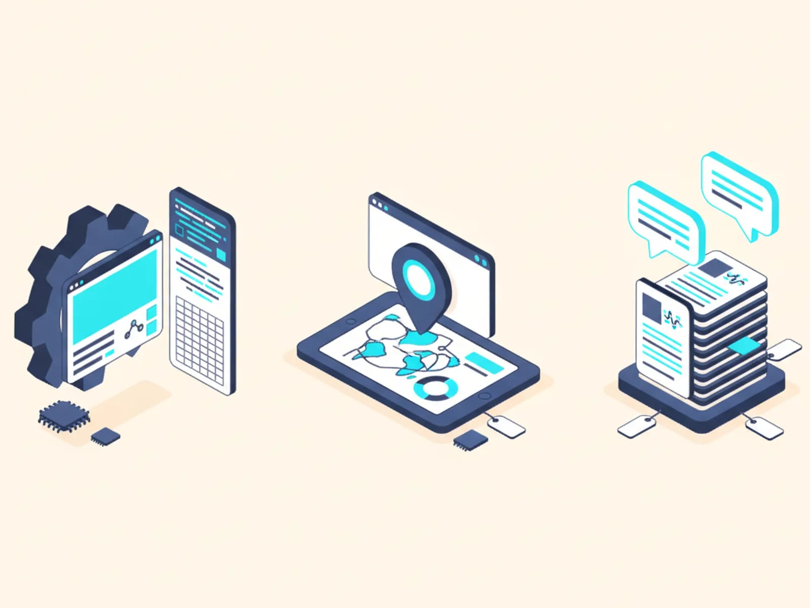Isometric illustration of three stations: engineering with gears and code, localisation with a locale screen, and translation with documents and speech bubbles.