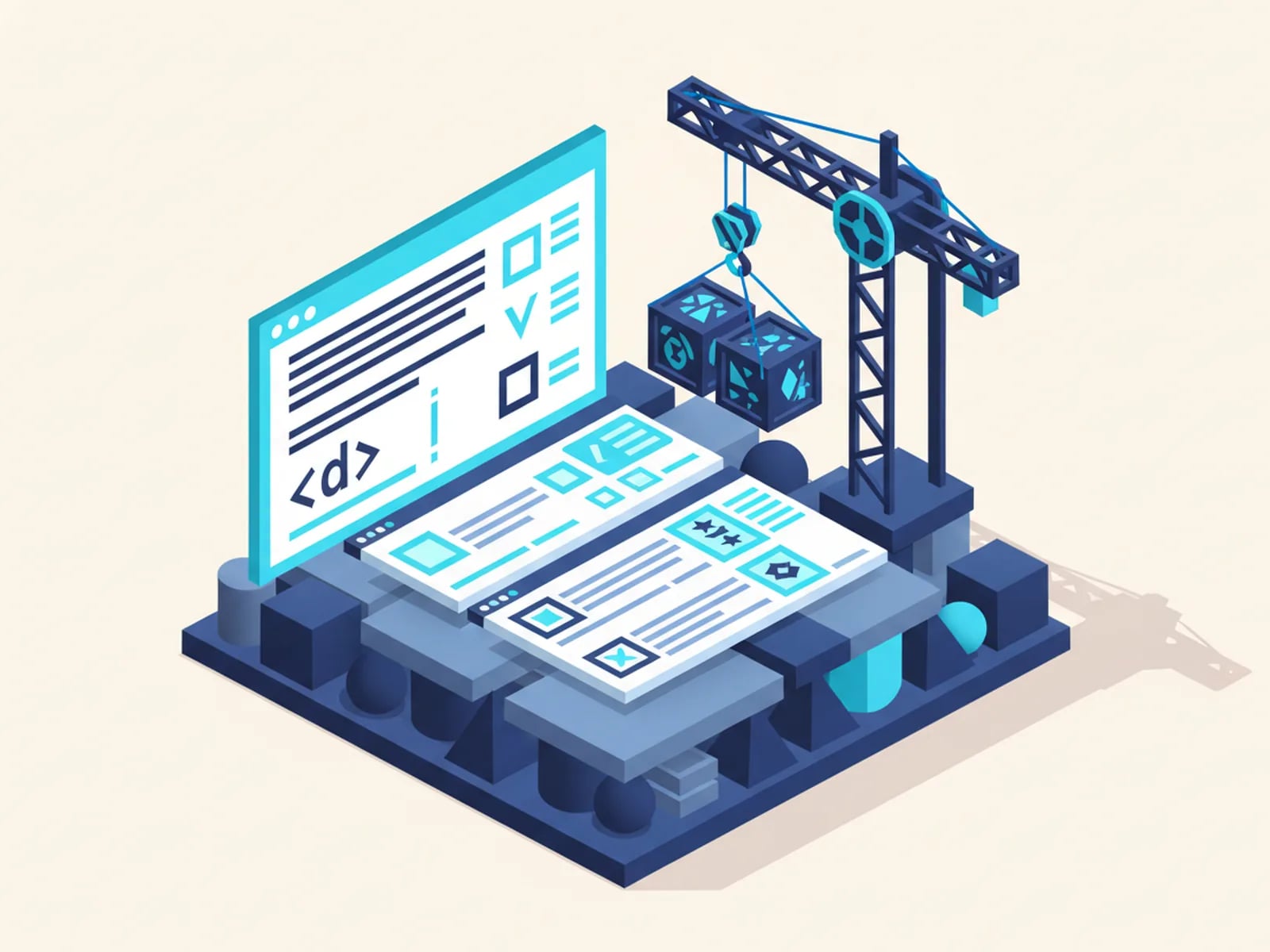 Isometric illustration of a layered foundation with a content layer and string crates loaded into a code window by a crane.