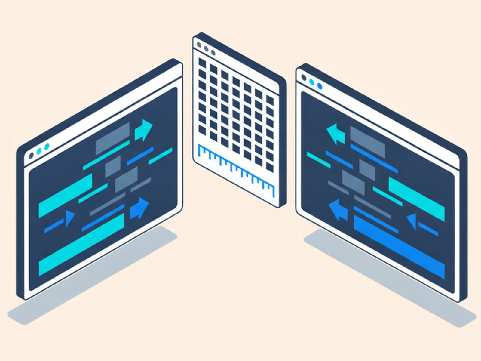 Isometric illustration of two mirrored app windows, left-to-right and right-to-left, and a window of dense glyph-like shapes.