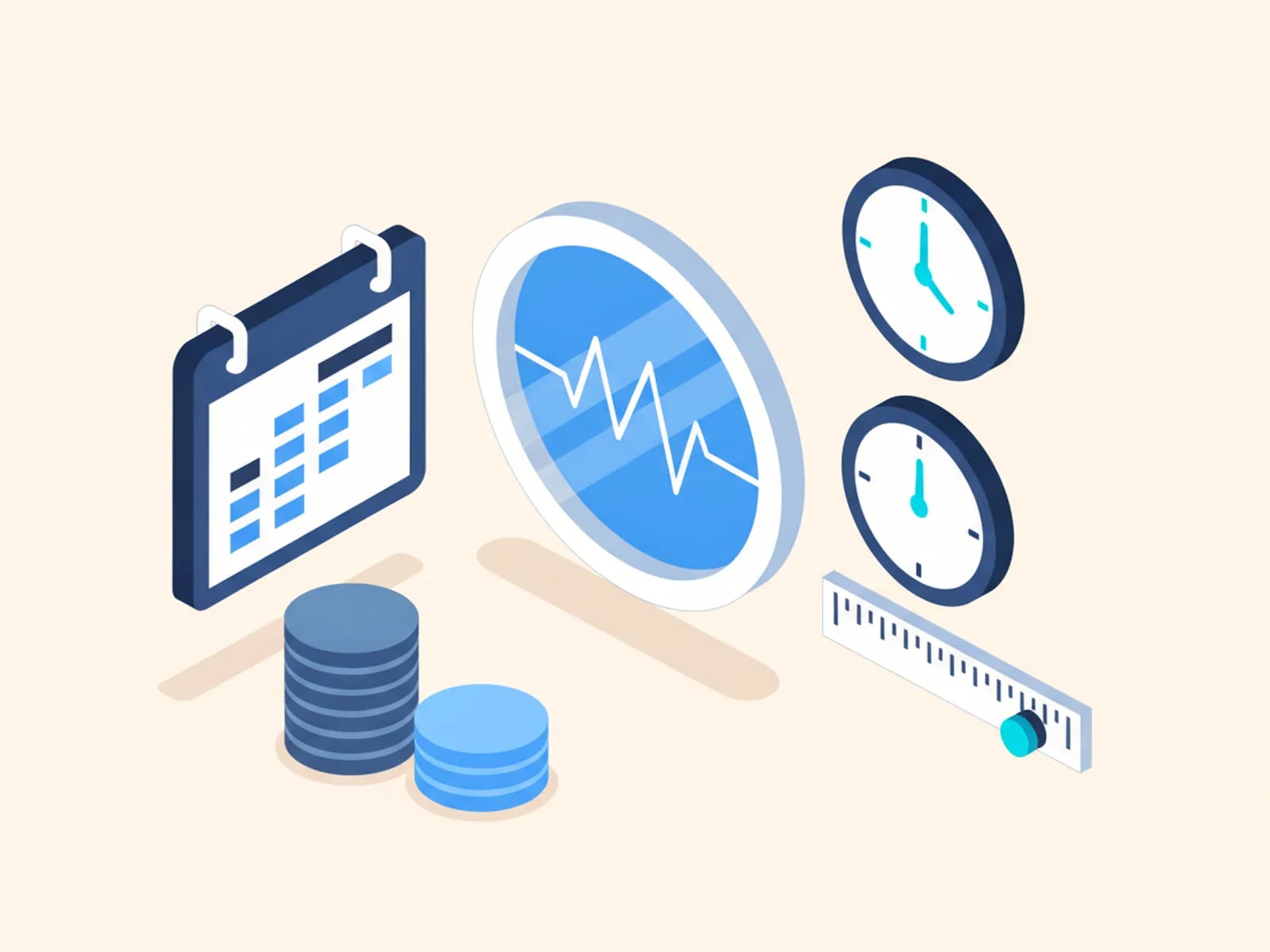 Isometric illustration of a calendar, coins of several currencies, a number dial, a clock and a ruler around a form.