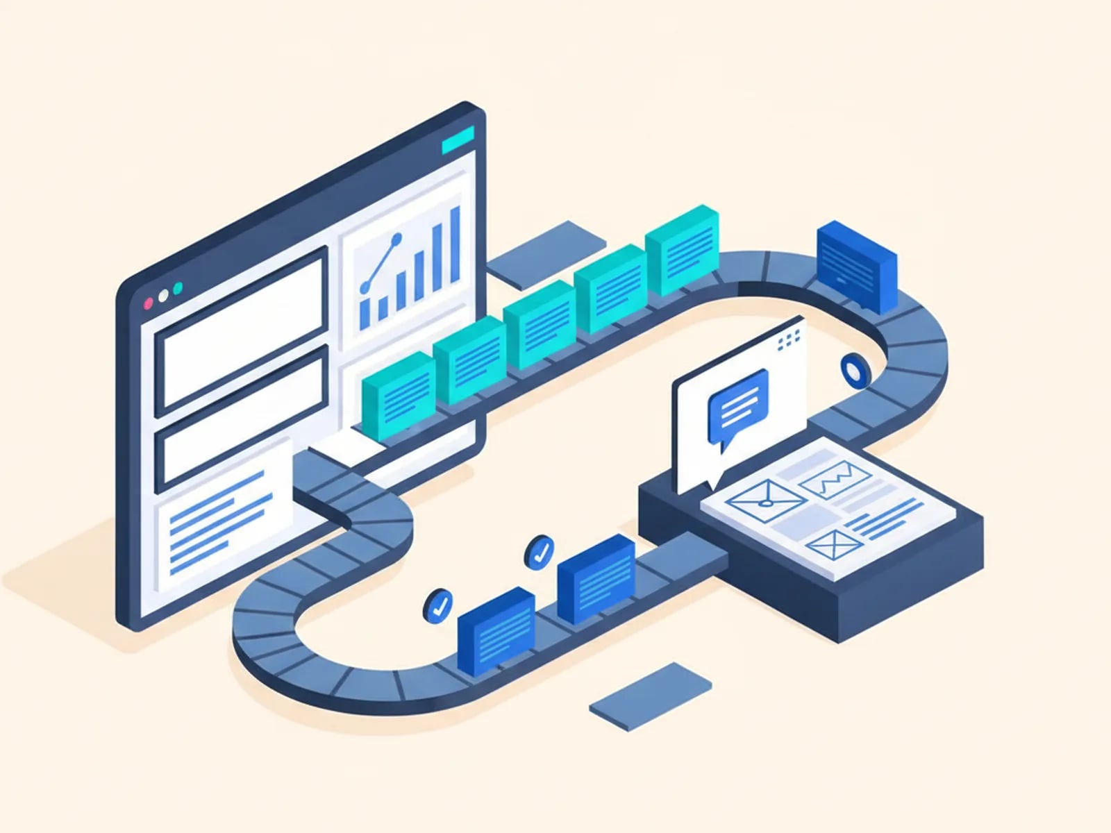 Isometric illustration of an app sending text strings along a pipeline to translated documents and back, with approval badges.