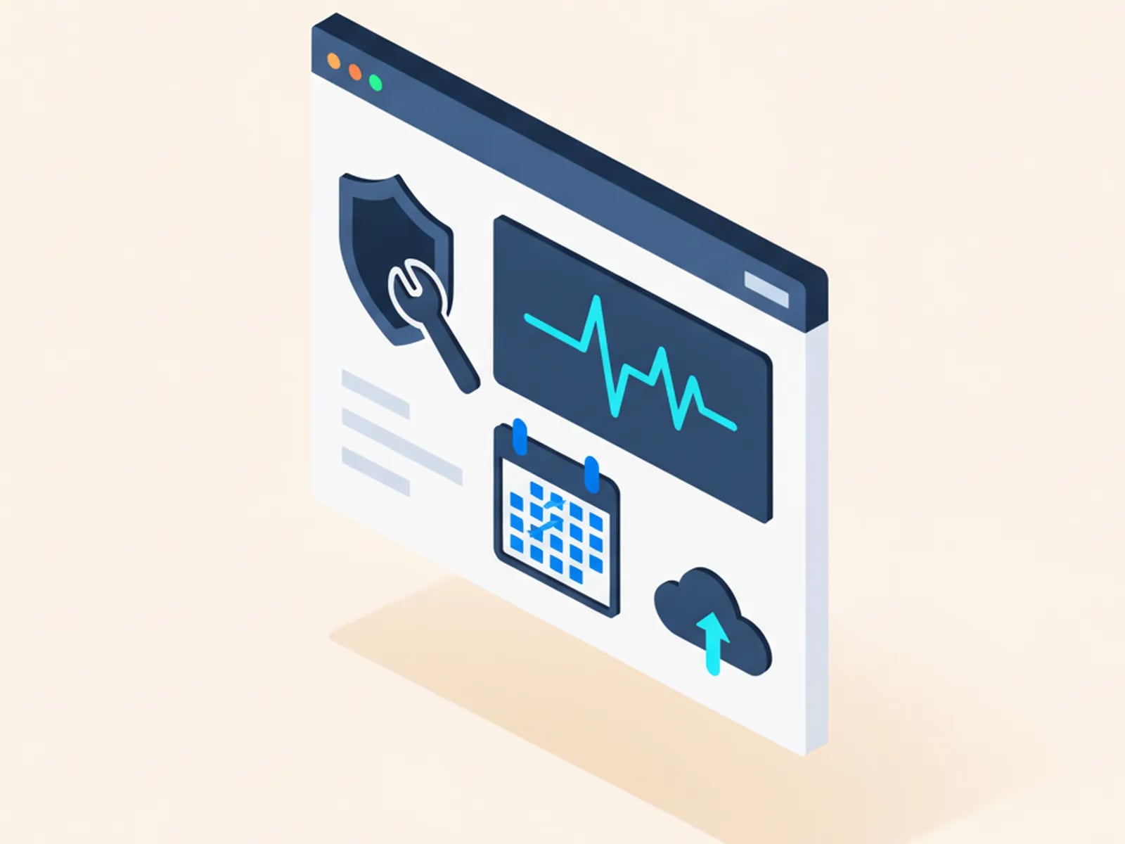 Isometric illustration of a live app window with a heartbeat line, a shield, a wrench, a monthly calendar and a cloud backup.