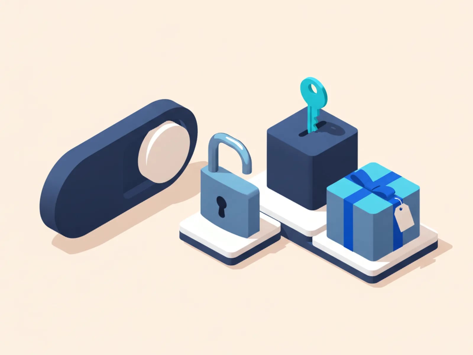 Isometric illustration of a toggle switch, an open padlock, a repository cube with a key and a handover package.