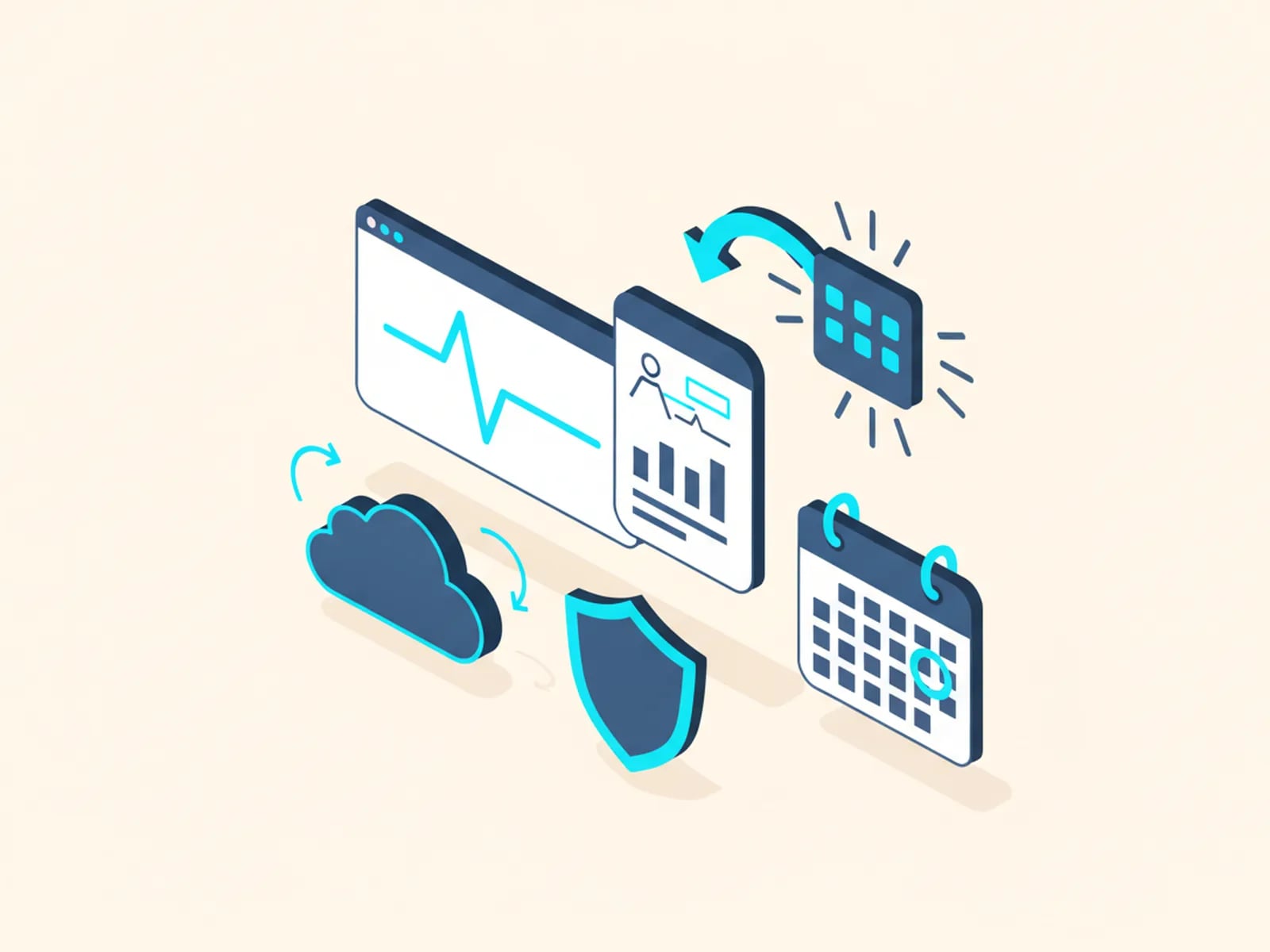 Isometric illustration of a monitoring dashboard with a heartbeat line, an update arrow, a backup cloud, a shield and a monthly calendar.
