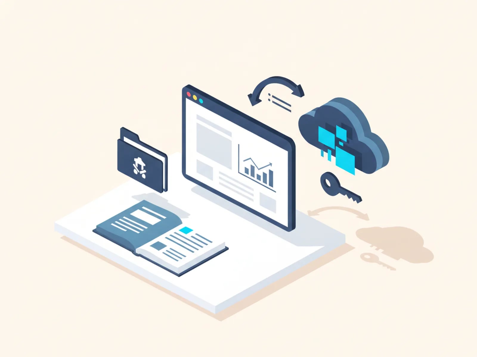 Isometric illustration of an app window on a desk with a repository folder, a documentation book, a cloud deployment and a key.