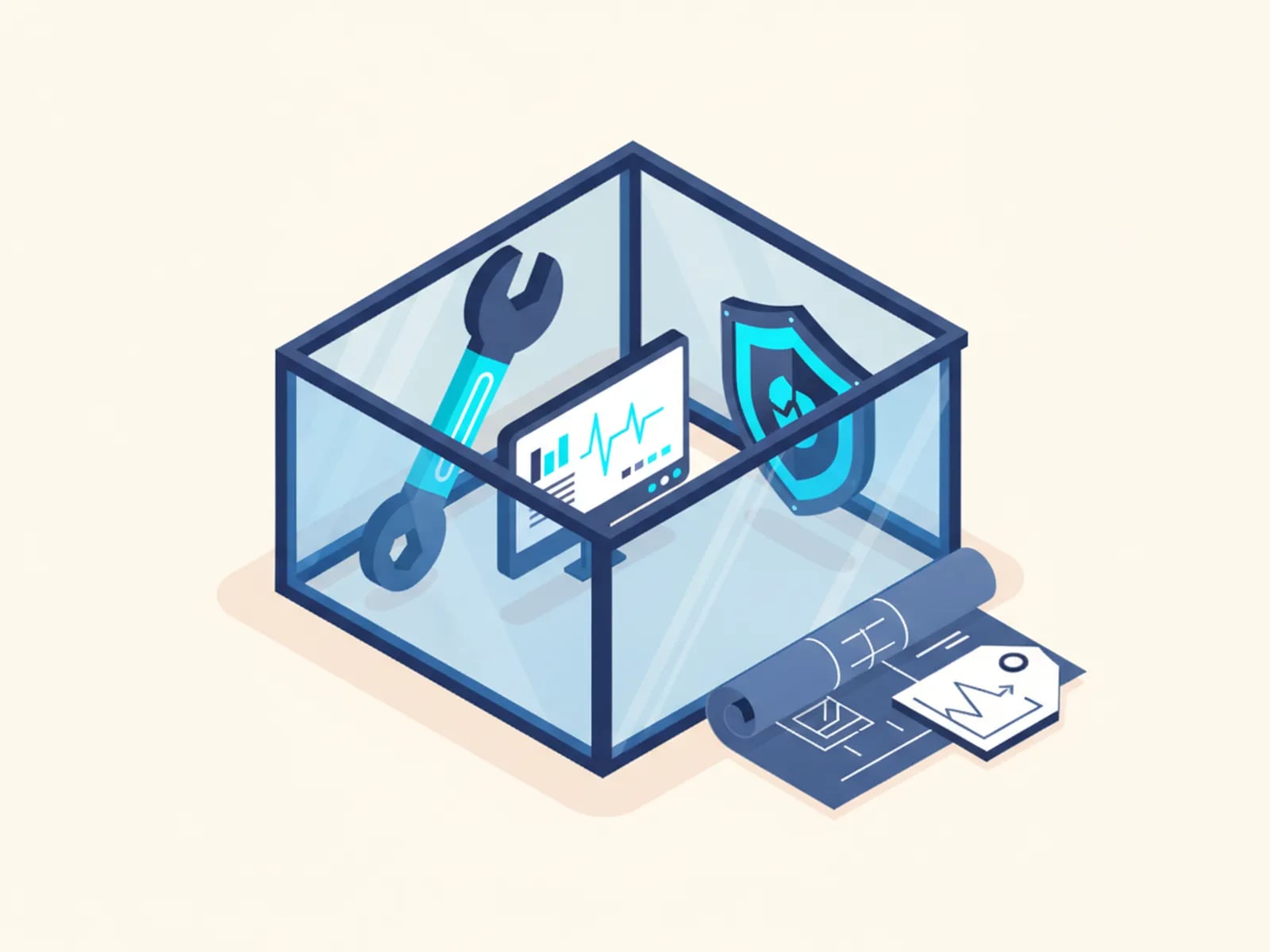 Isometric illustration of a fenced area holding a wrench, a monitor and a shield, with a new-module blueprint and price tag outside the fence.