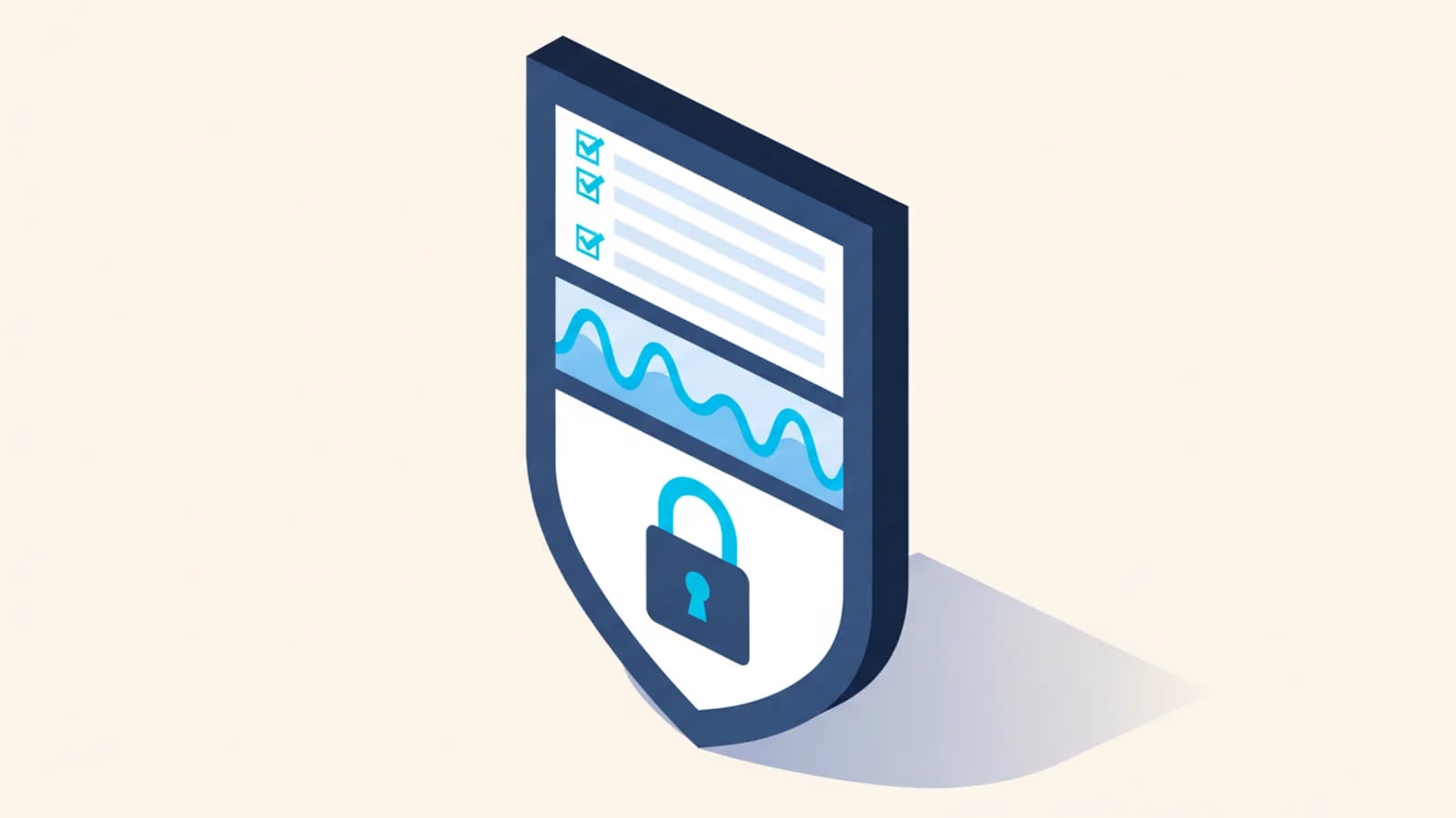 Isometric illustration of a shield holding a checklist and a wavy audit-trail line above a padlock, showing compliance.