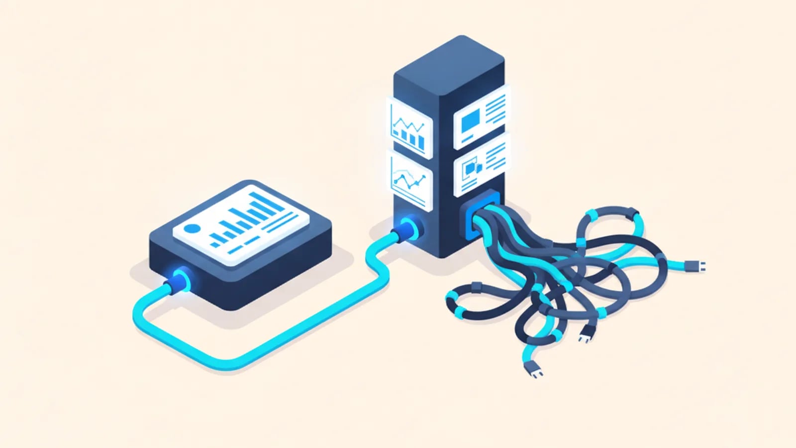 Isometric illustration of two systems joined by one clean cable and a second connection that is a tangled bundle of cables.