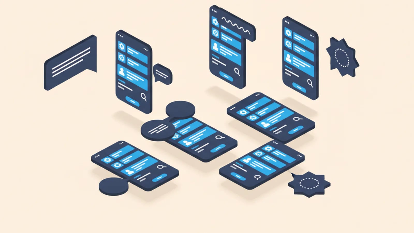 Isometric illustration of one app screen duplicated into several language versions, each with its own speech bubble.