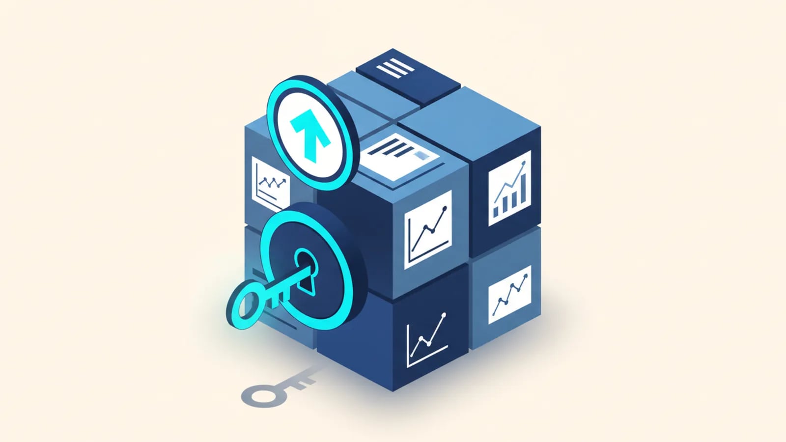 Isometric illustration of a repository cube with a key in its lock and a round check badge, showing code ownership.