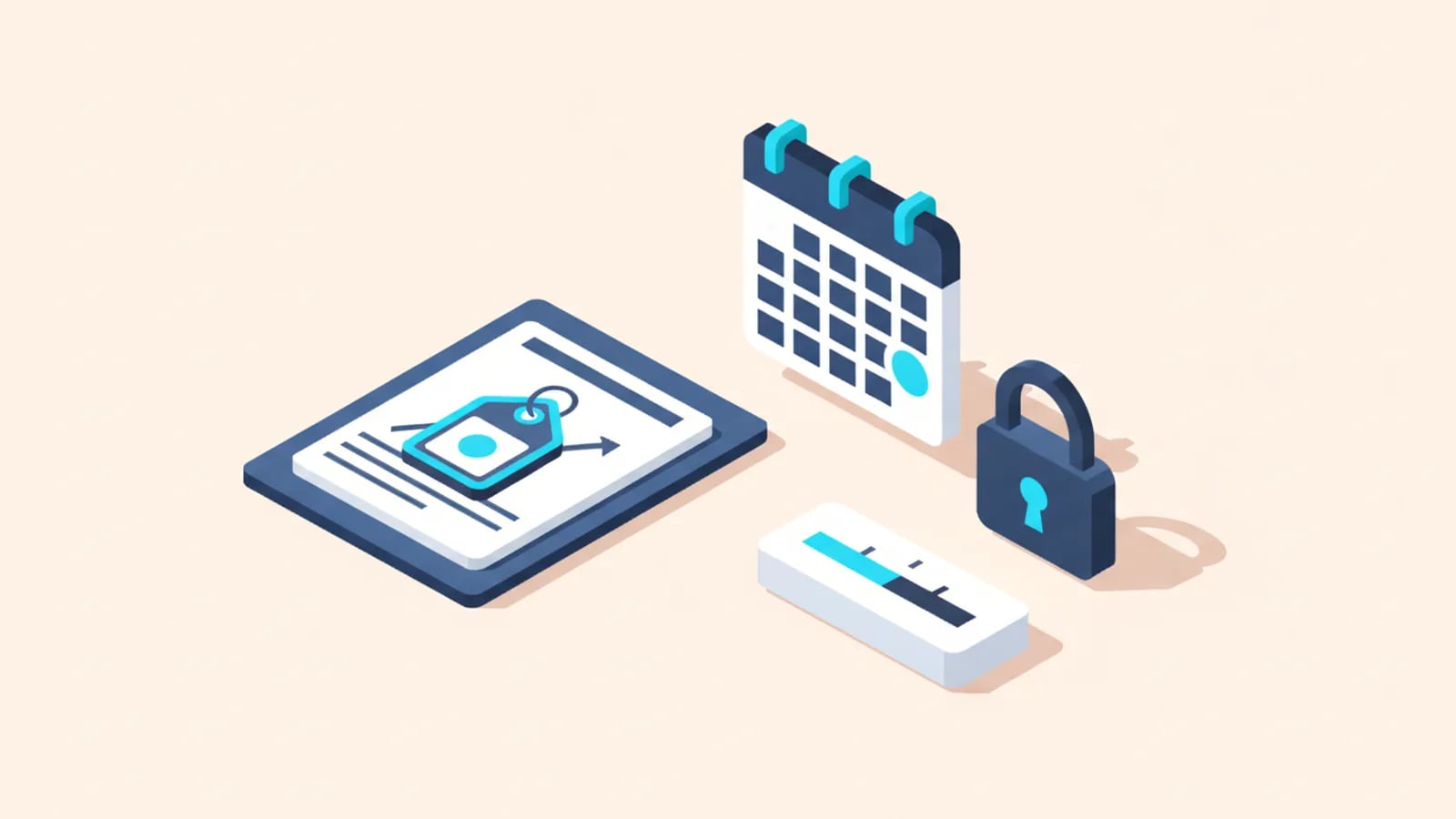 Isometric illustration of a document with a price tag beside a delivery calendar and a closed padlock, showing a fixed price.