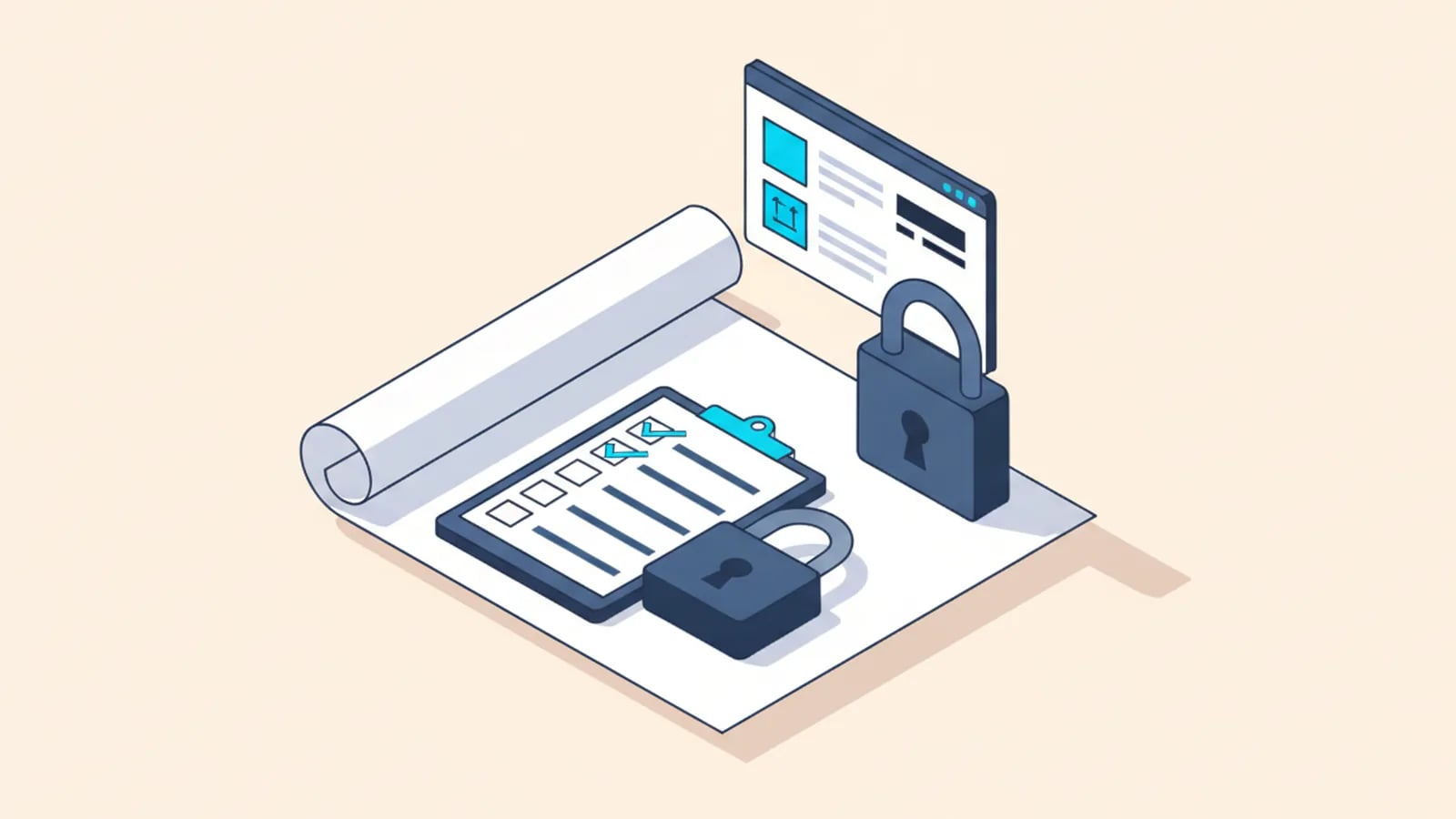 Isometric illustration of a blueprint with a completed checklist and a closed padlock, showing a fixed scope.