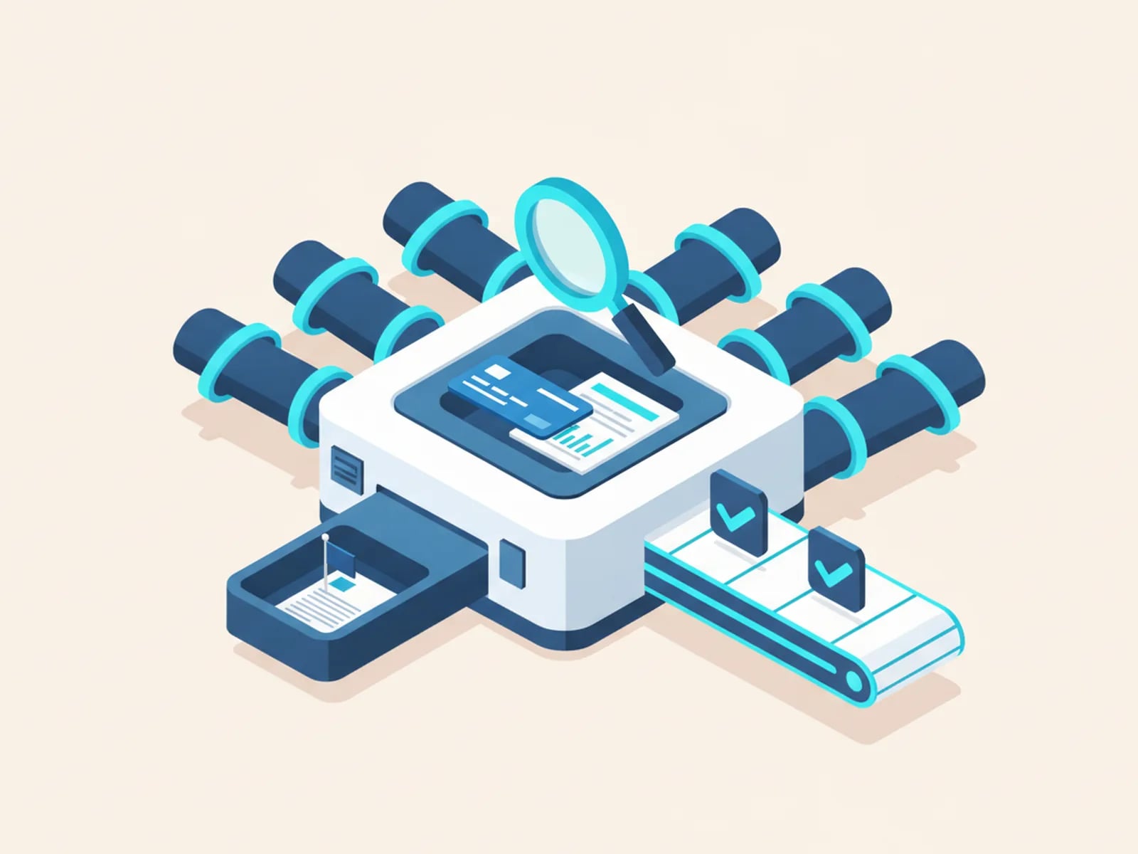Isometric illustration of five input pipes entering a matching machine, with clean matches on a conveyor and one flagged document in an exception tray.