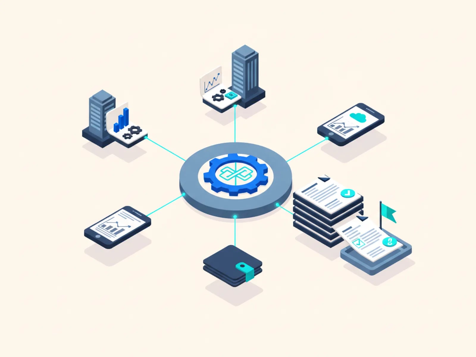 Isometric illustration of five payment source tiles feeding a central gear platform that outputs checked documents and one flagged document.