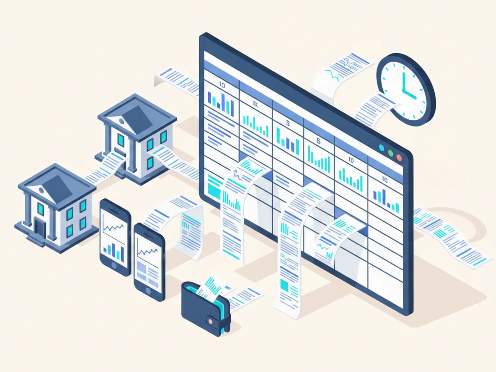 Isometric illustration of statements pouring from banks, phones and a wallet into a cluttered spreadsheet, beside a clock.