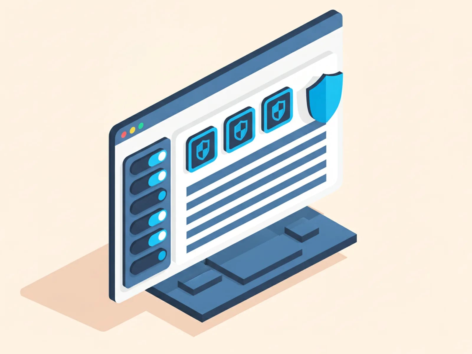 Isometric illustration of an admin panel with a sidebar of toggles, a user table, role badges and a shield.