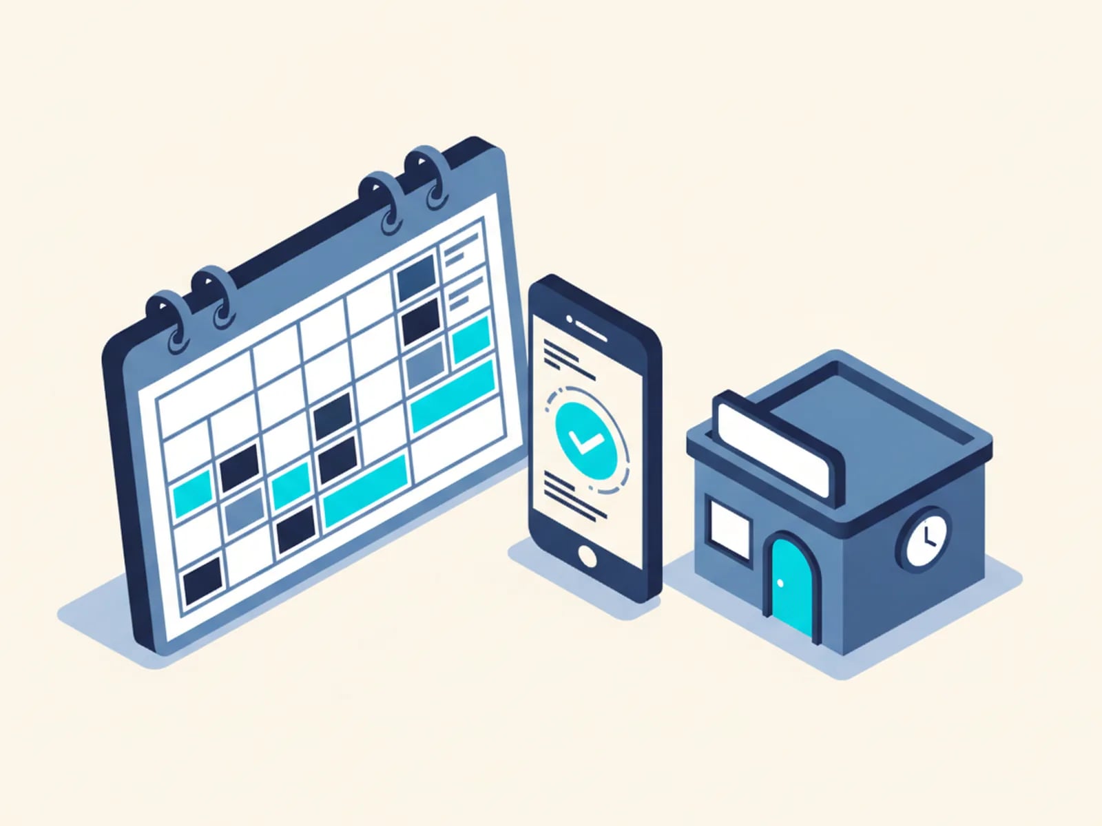 Isometric illustration of a booking calendar with time slots, a phone showing a confirmation, a small shop and a clock.