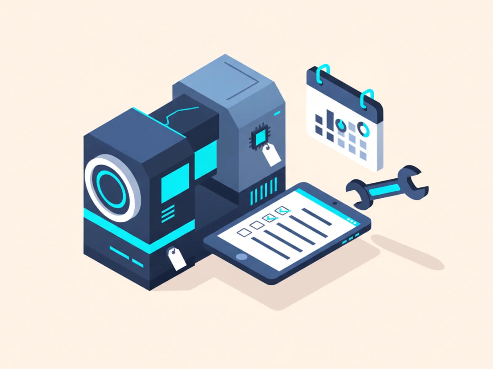 Isometric illustration of a machine with a sensor, a work-order tablet, a wrench and a maintenance calendar.