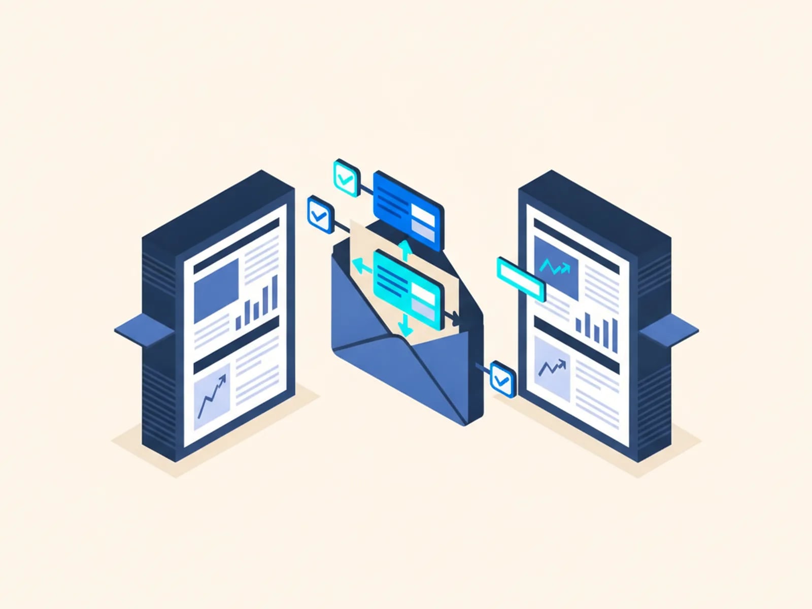 Isometric illustration of two stacks of business documents exchanging standardised data cards through a hub, with check badges.