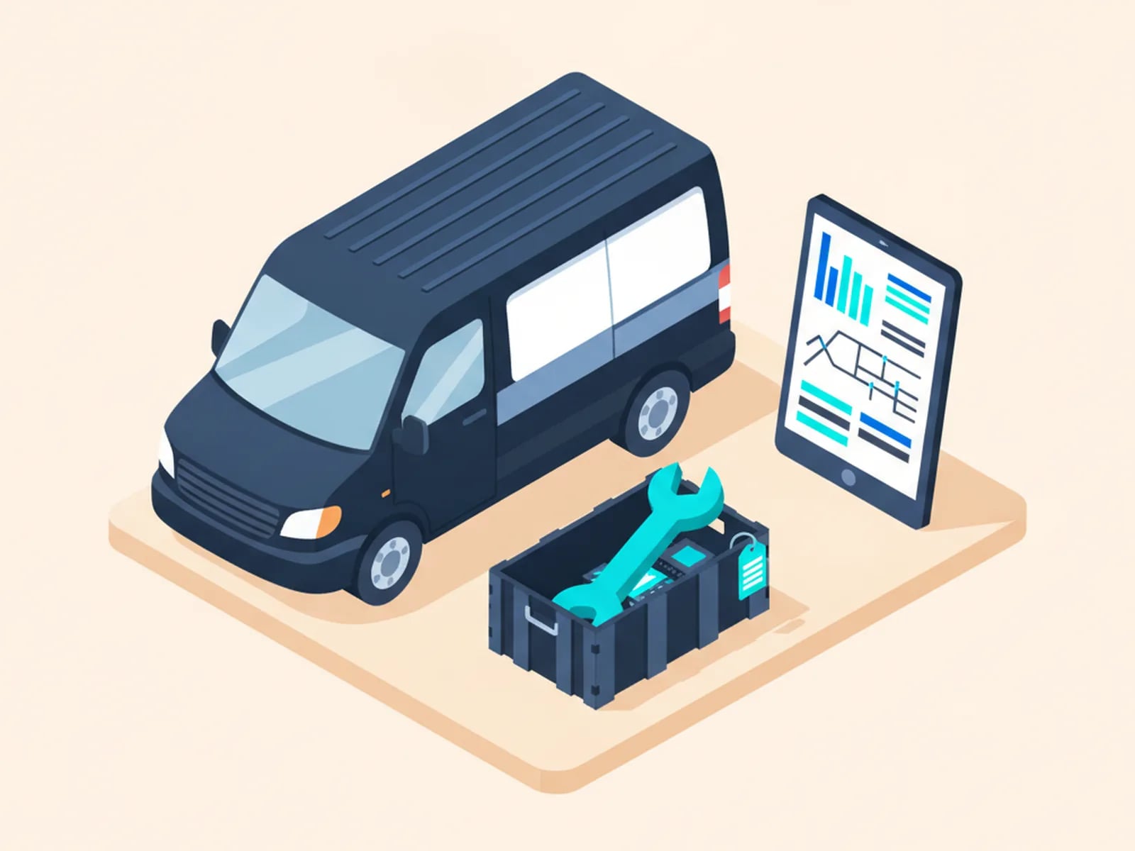 Isometric illustration of a service van, a tablet with job cards and a route map, and a parts crate with a wrench.
