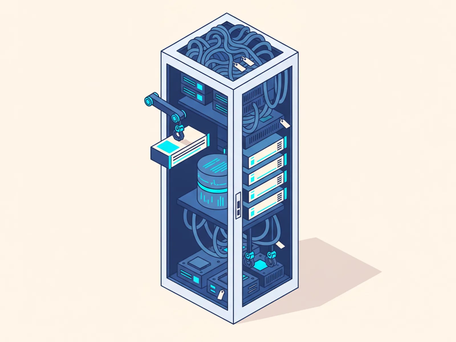 Isometric illustration of an old server cabinet being replaced piece by piece by modern app modules lifted by a crane, with the database preserved.