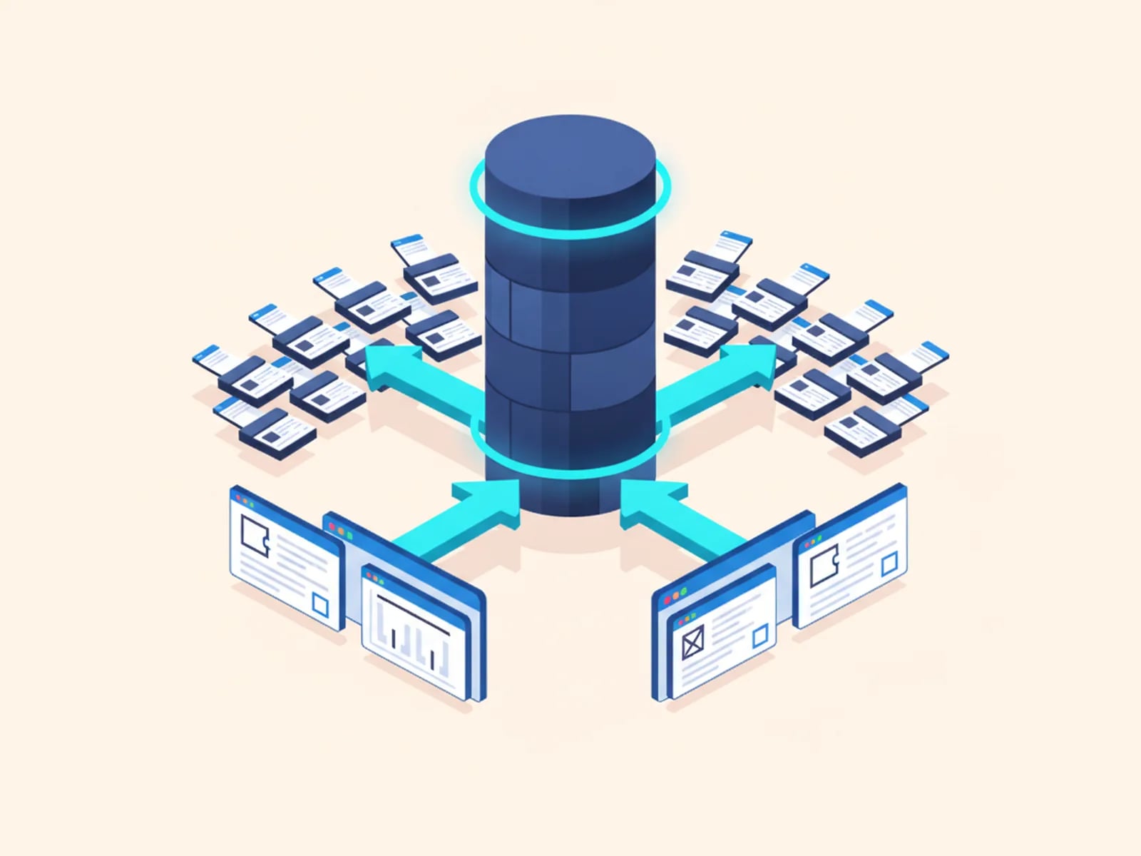 Isometric illustration of shelves of product tiles with attribute panels feeding three channel windows from a product database.