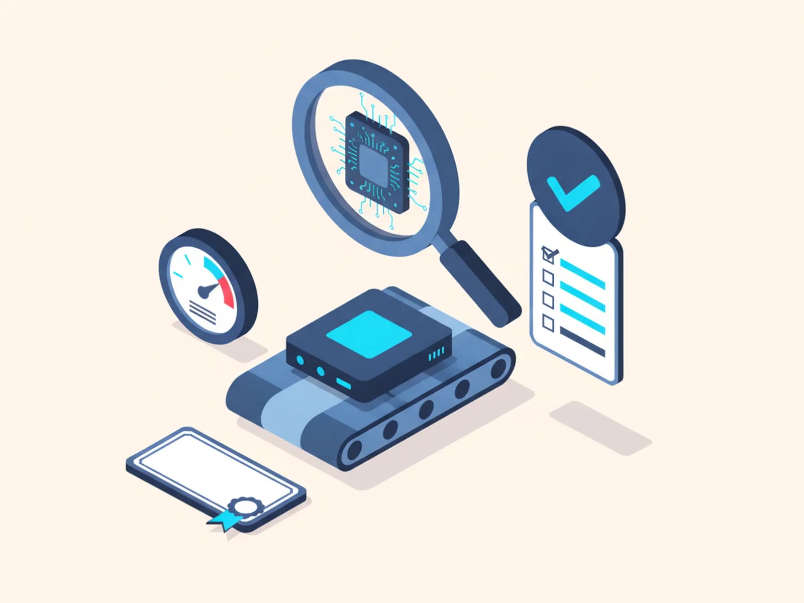Isometric illustration of a product under a magnifying glass on a conveyor, with a checklist, a gauge and a certificate badge.