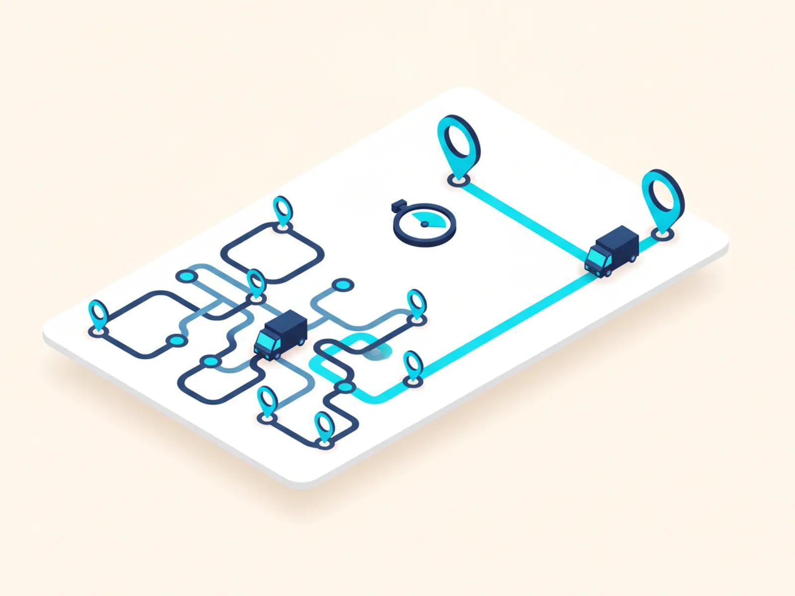 Isometric illustration of a map where a tangled route becomes one clean path with pins, a truck and a stopwatch.