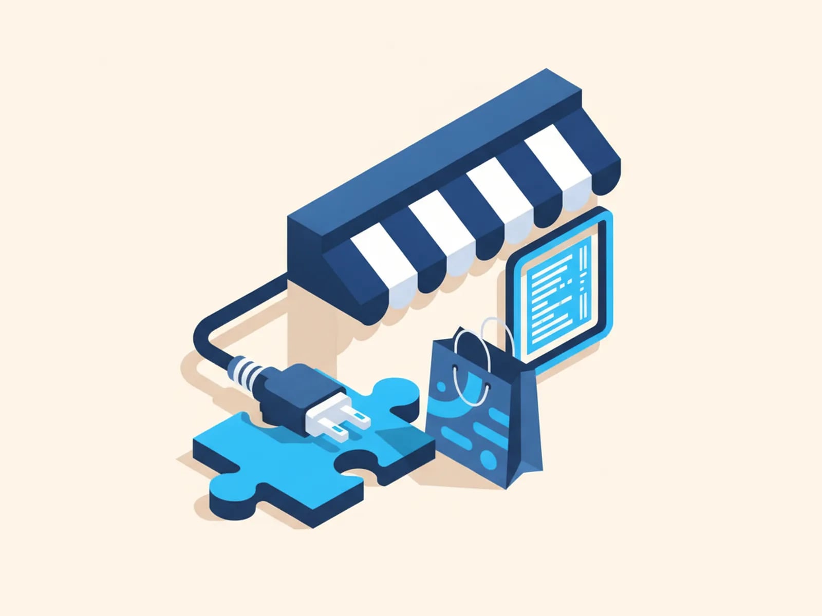 Isometric illustration of a storefront plugged into a puzzle-piece app module, with a shopping bag and a code window.