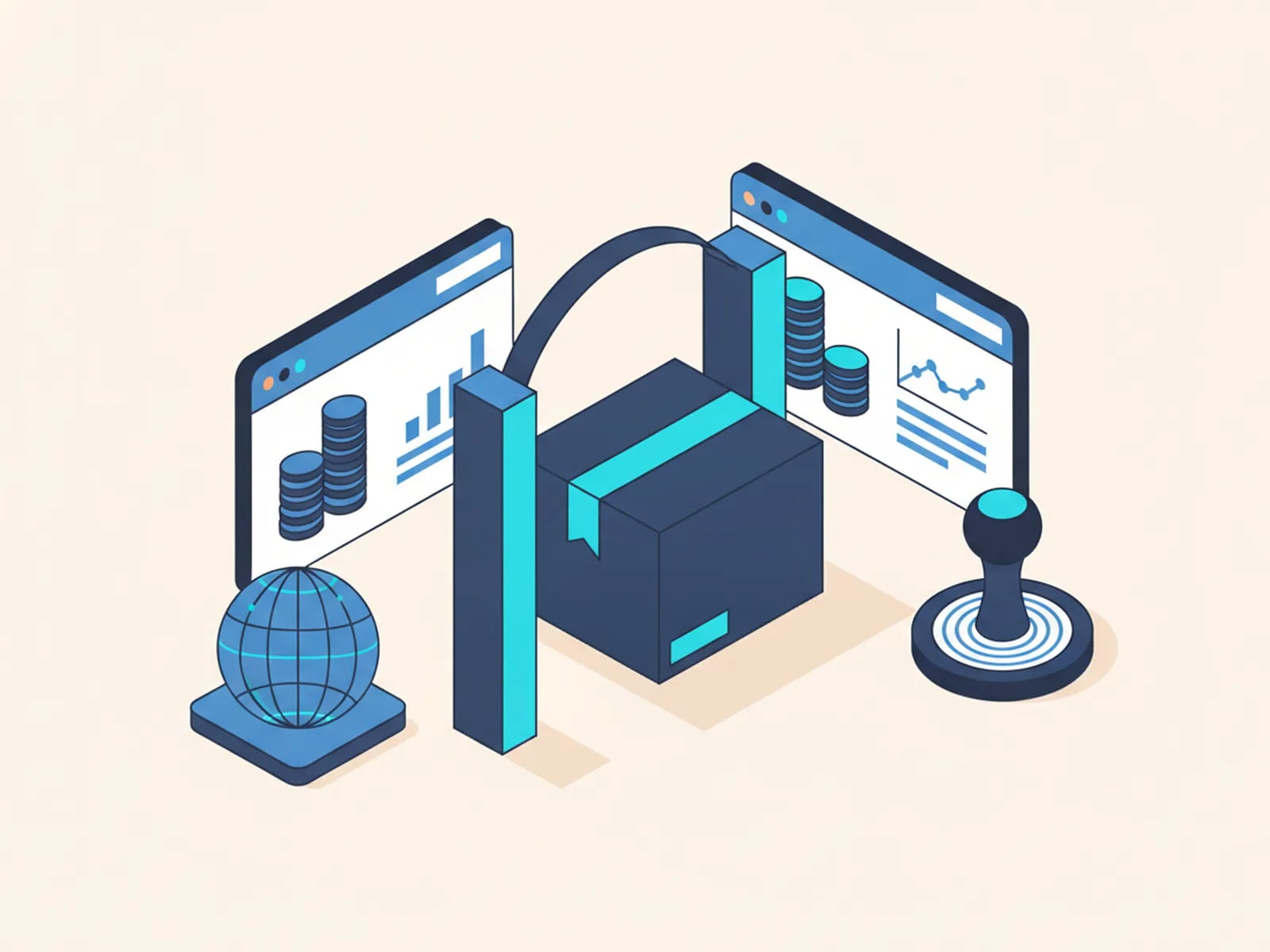 Isometric illustration of a parcel crossing a border gate between two storefront windows with different coin stacks, a stamp seal and a globe.