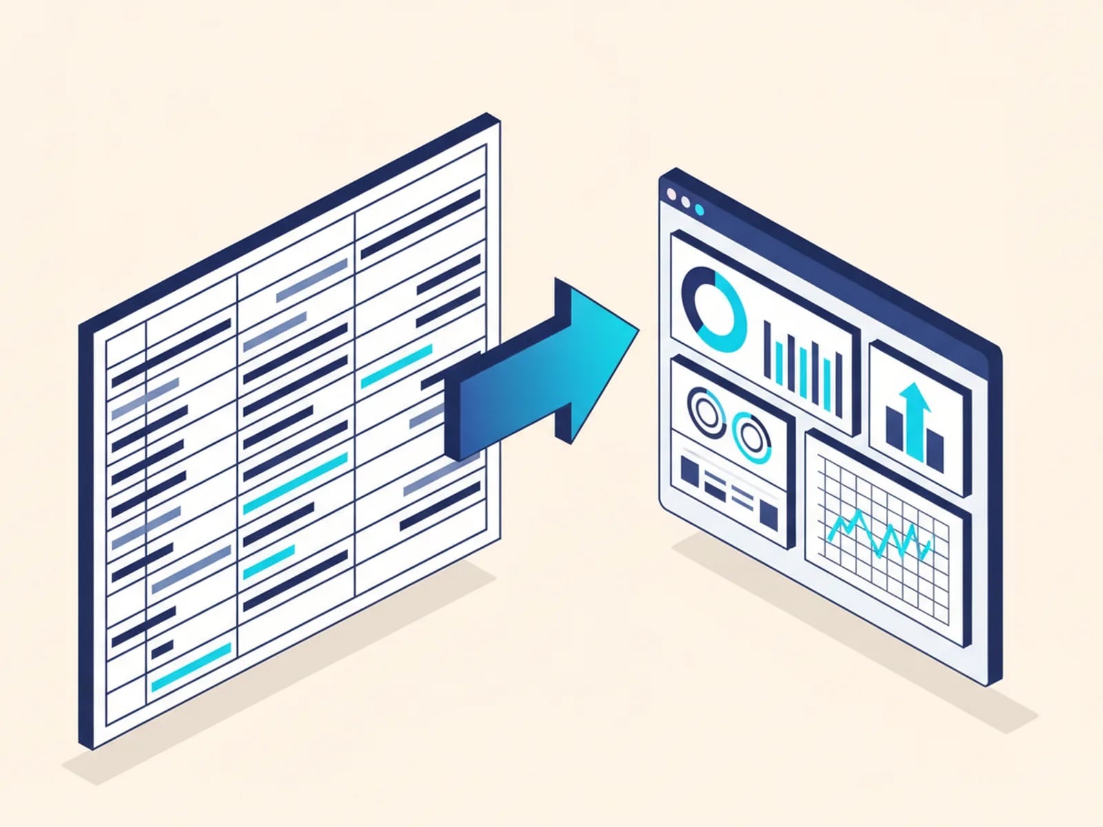 Isometric illustration of a spreadsheet grid turning across an arrow into a modern dashboard app.