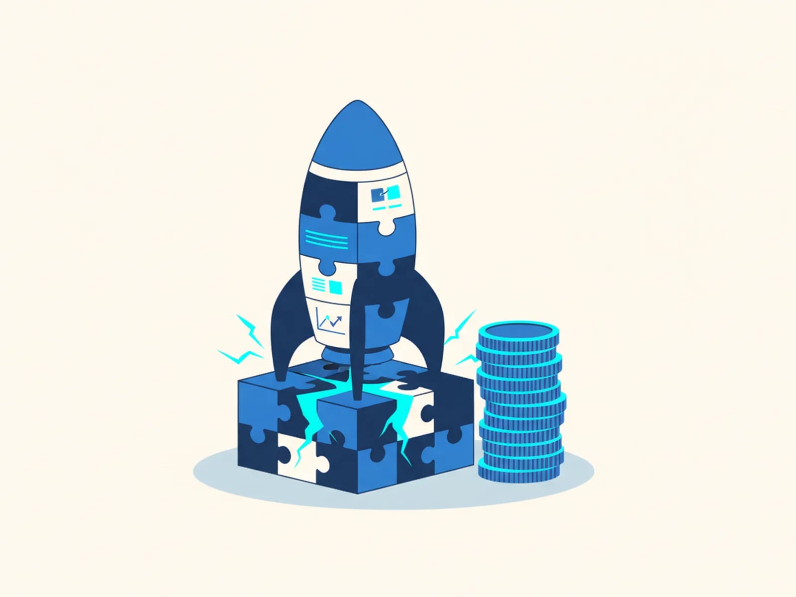 Isometric illustration of a rocket on a launch pad of cracking no-code blocks beside a modest stack of coins.
