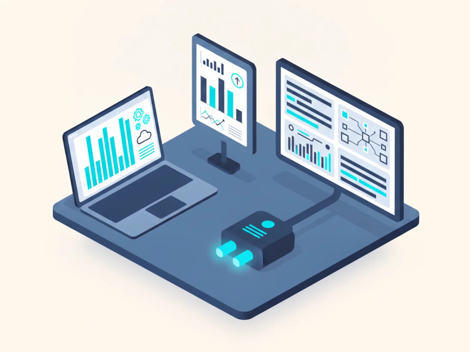 Isometric illustration of an MVP app on a laptop, a demo board, an ops dashboard and an integration plug.