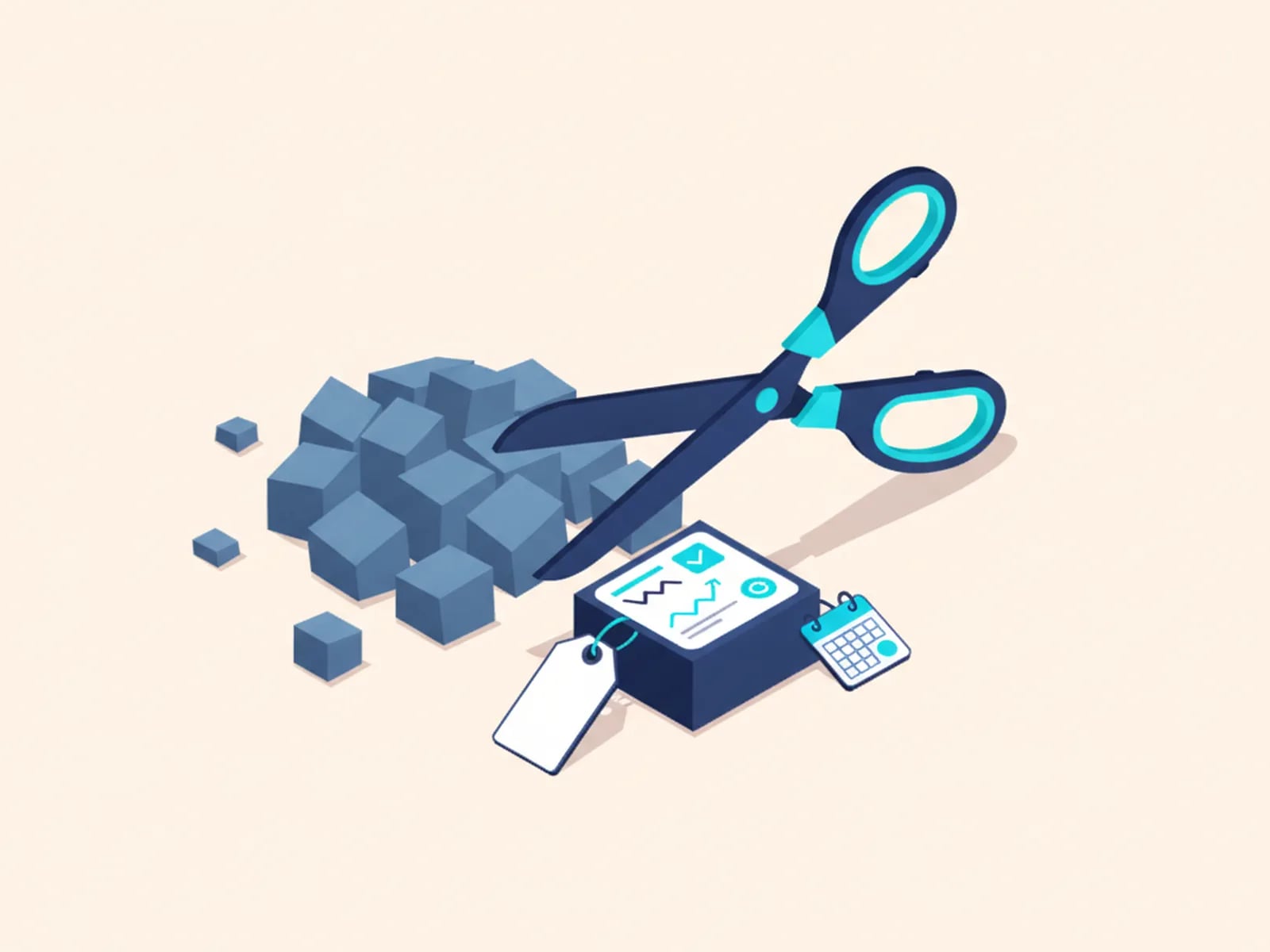 Isometric illustration of scissors trimming extra feature blocks to a neat fixed-scope app with a price tag and a calendar.