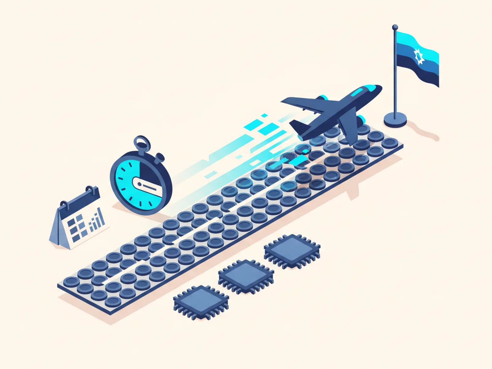 Isometric illustration of an airplane taking off quickly along a runway of coins toward a flag, with a calendar and a stopwatch.
