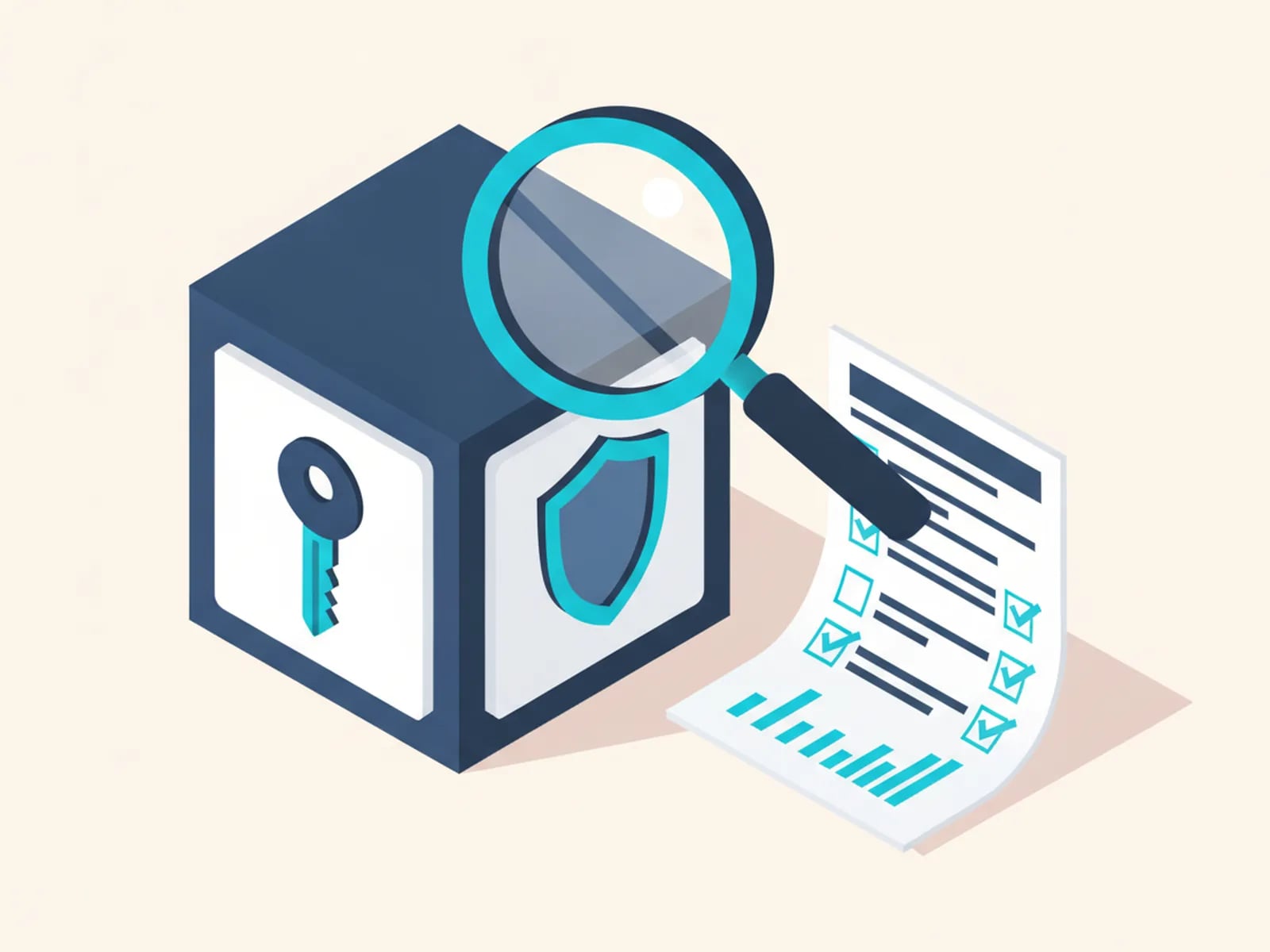 Isometric illustration of a repository cube with a key and a shield, a magnifier and a due-diligence checklist.