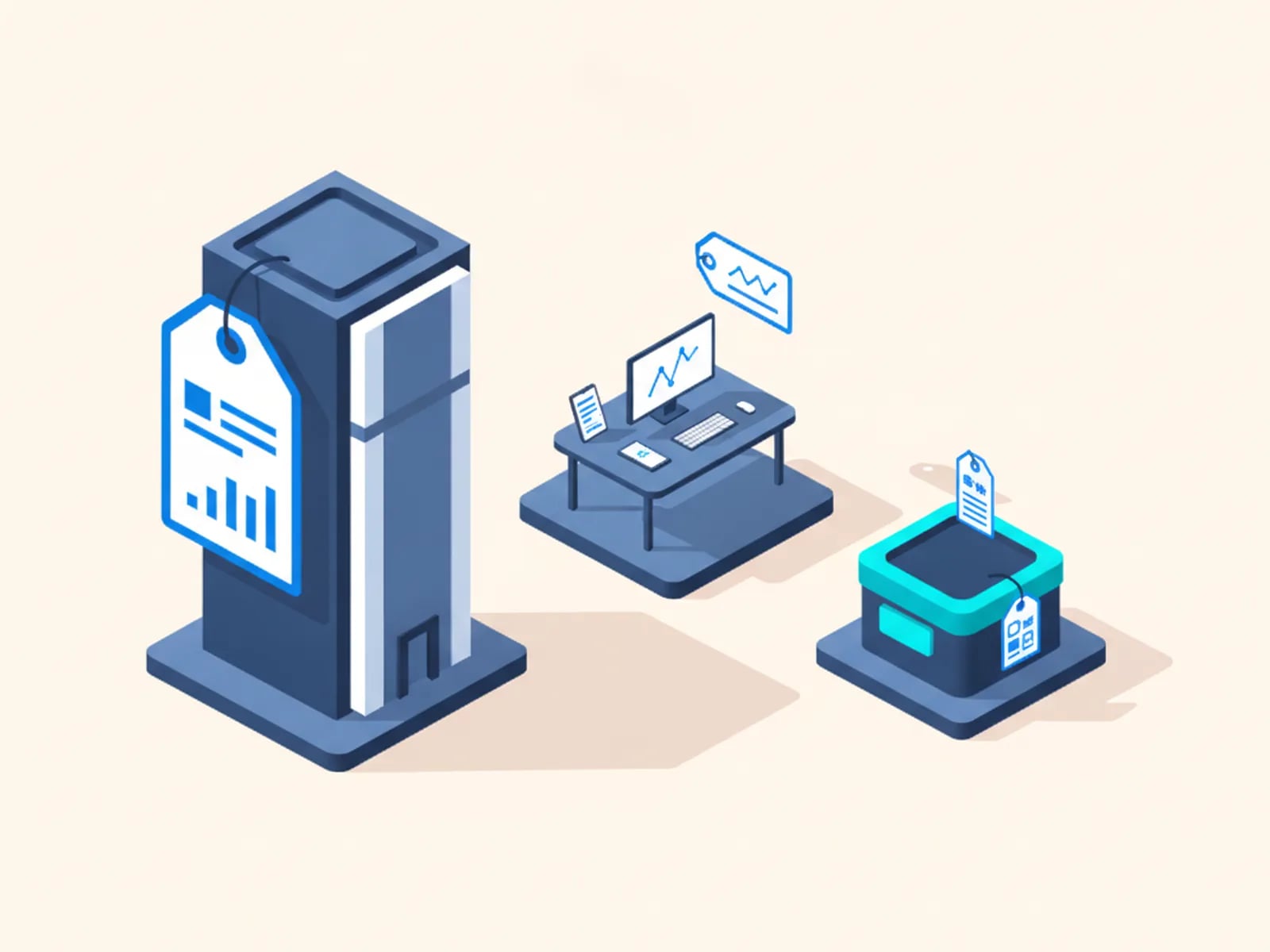 Isometric illustration of three platforms: a tall agency building with a big tag, a lone freelancer desk and a lean AI-assisted build with a small tag.