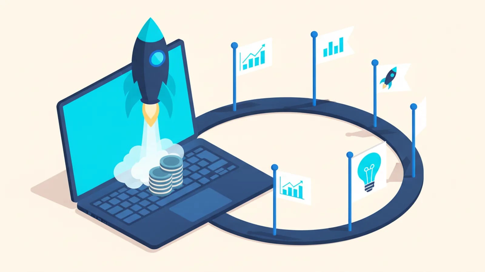Isometric illustration of a rocket launching from a laptop, with milestone flags, a stack of coins and a lightbulb, showing a startup MVP launch.