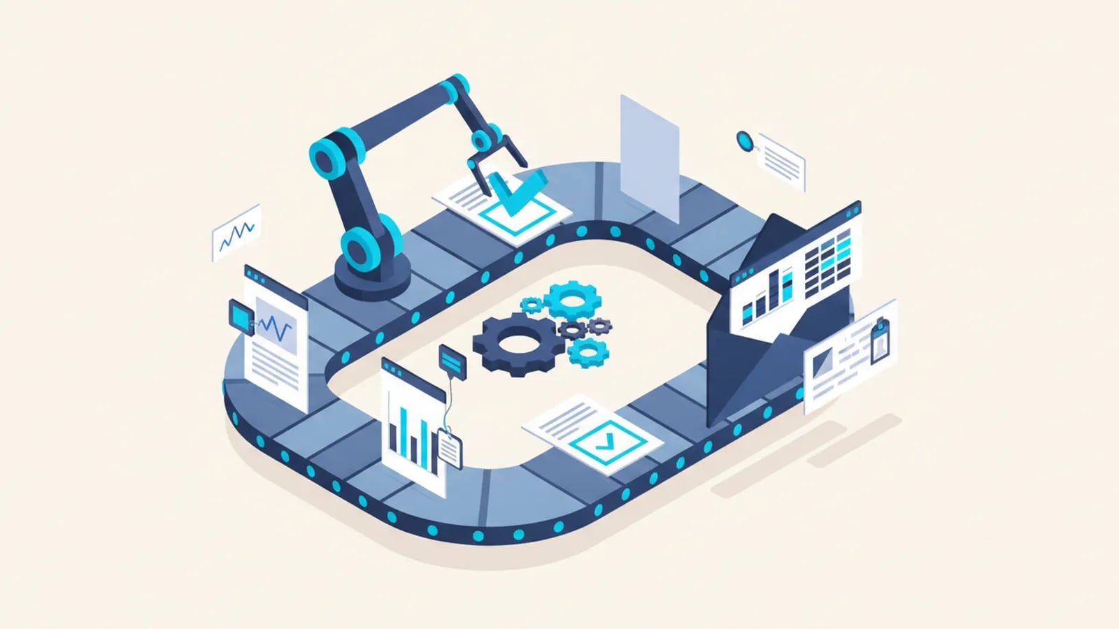 Isometric illustration of a conveyor loop carrying documents, a robotic arm stamping a check mark, gears and an envelope turning into data.