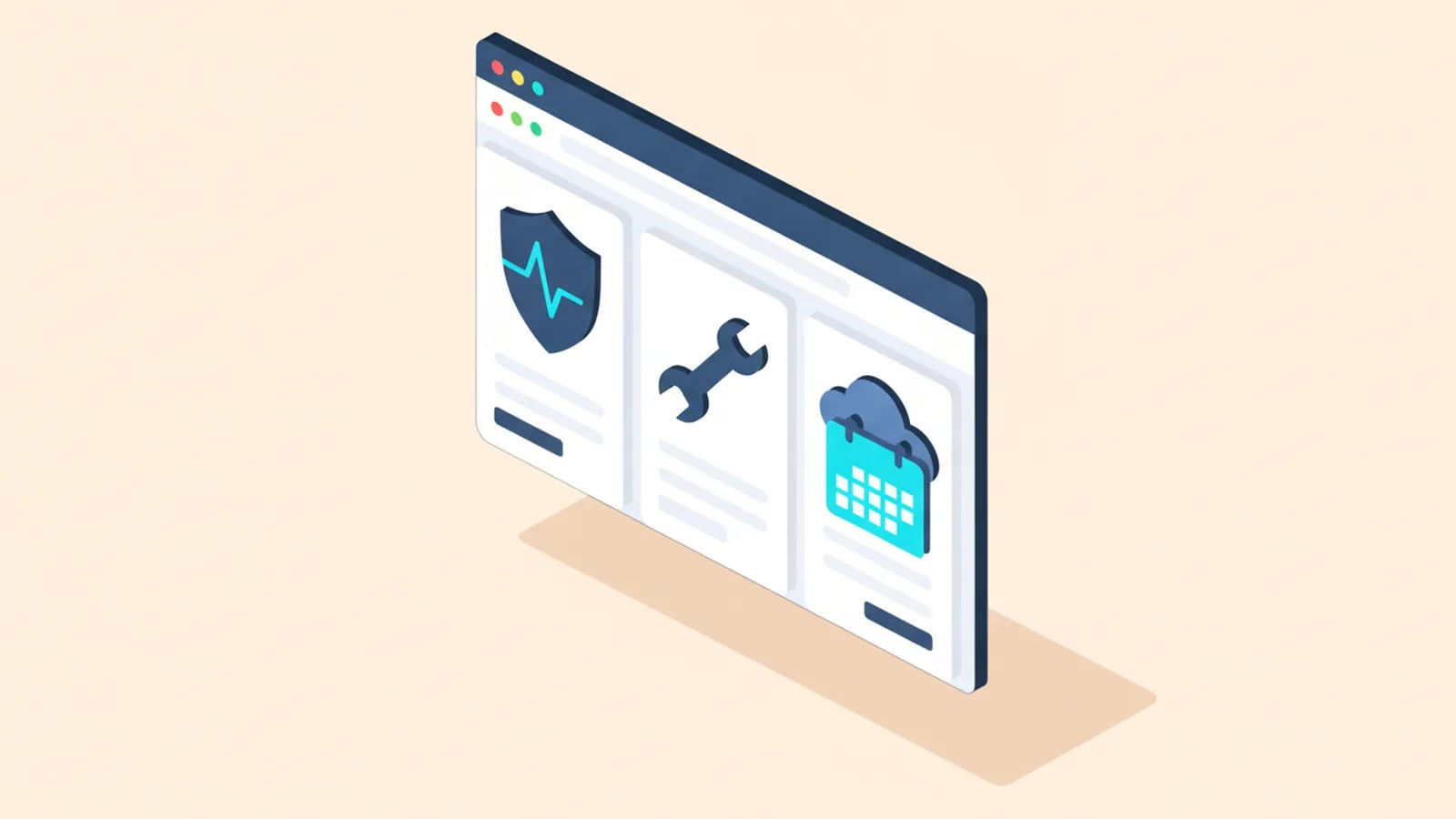Isometric illustration of a window showing a shield with a heartbeat line, a wrench and a monthly calendar, representing build plus care.