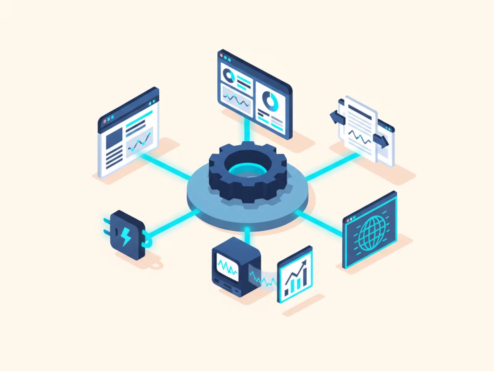 Isometric illustration of a gear-topped hub linked to six software modules: a web app, a dashboard, a document, a connector, an old terminal being upgraded and a globe app.