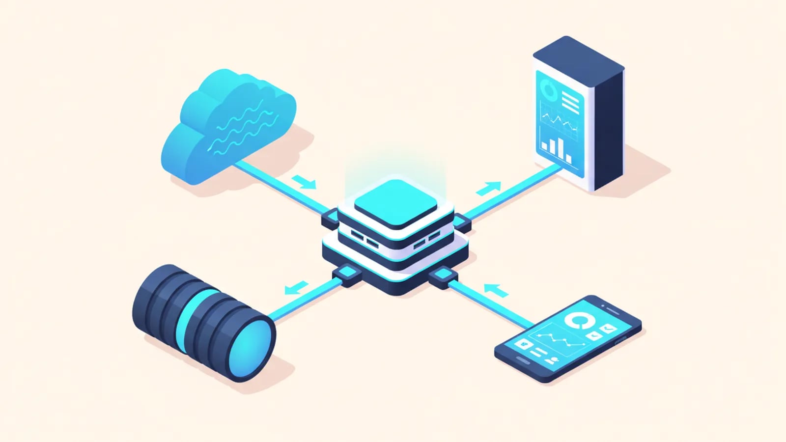 Isometric illustration of a central hub connected by two-way arrows to a cloud, a server cabinet, a database and a phone.