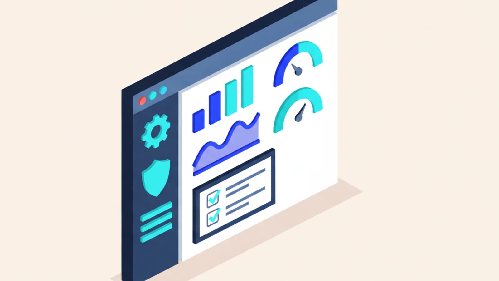 Isometric illustration of an admin panel with a sidebar, bar and line charts, two gauges and an approval card with check marks.