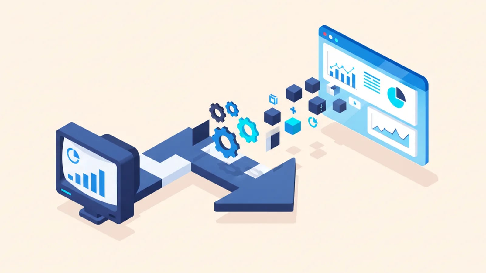 Isometric illustration of an old computer terminal turning into a modern dashboard window across an arrow, with gears and blocks migrating over.