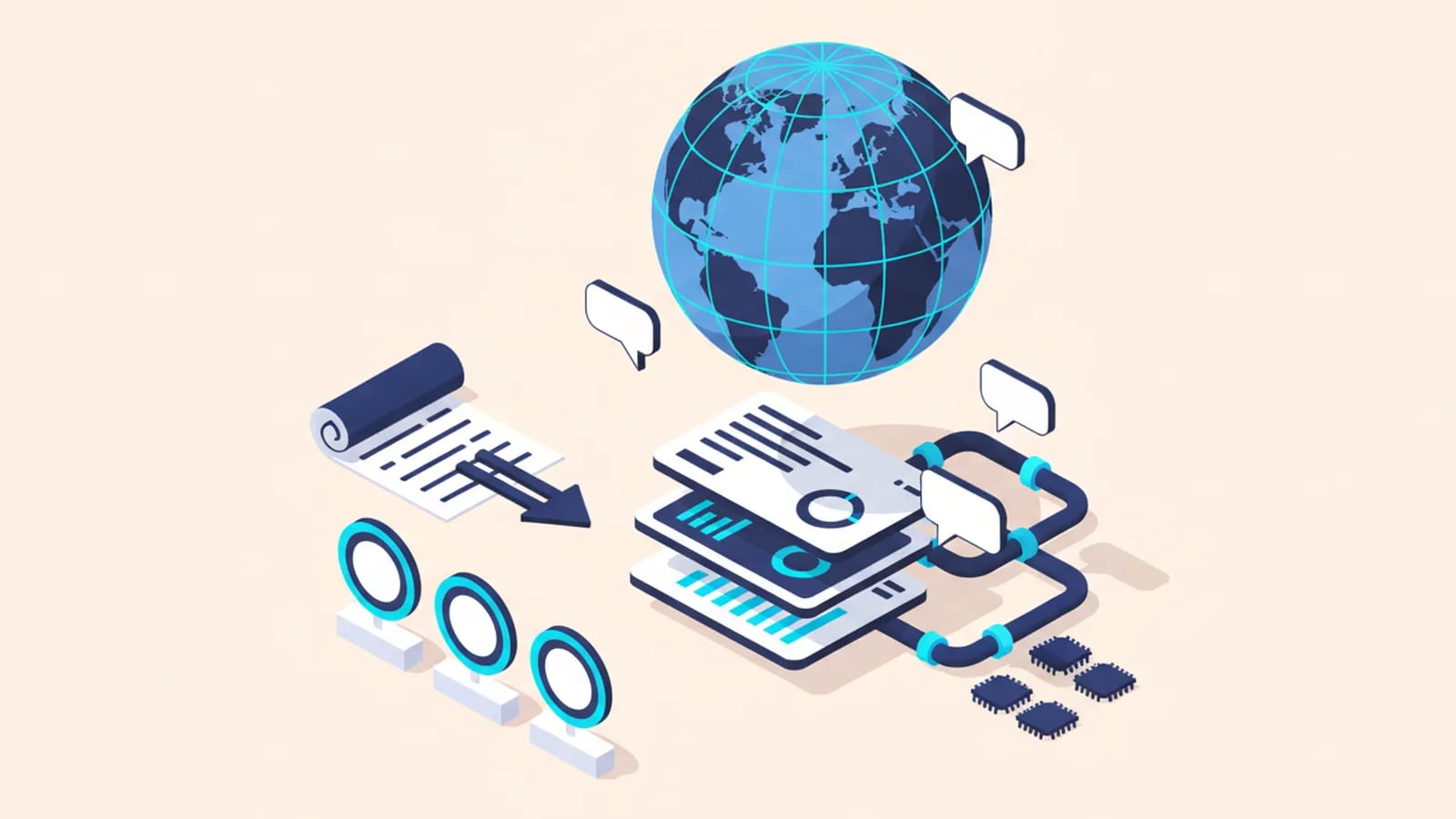 Isometric illustration of a globe above a stack of app screens with speech bubbles, and a document flowing into three localized versions.