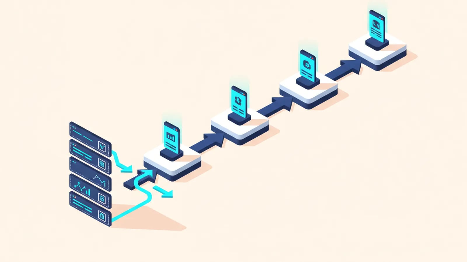 Isometric illustration of a row of sprint platforms each holding a small tool, with a queue of blueprints waiting on the left.