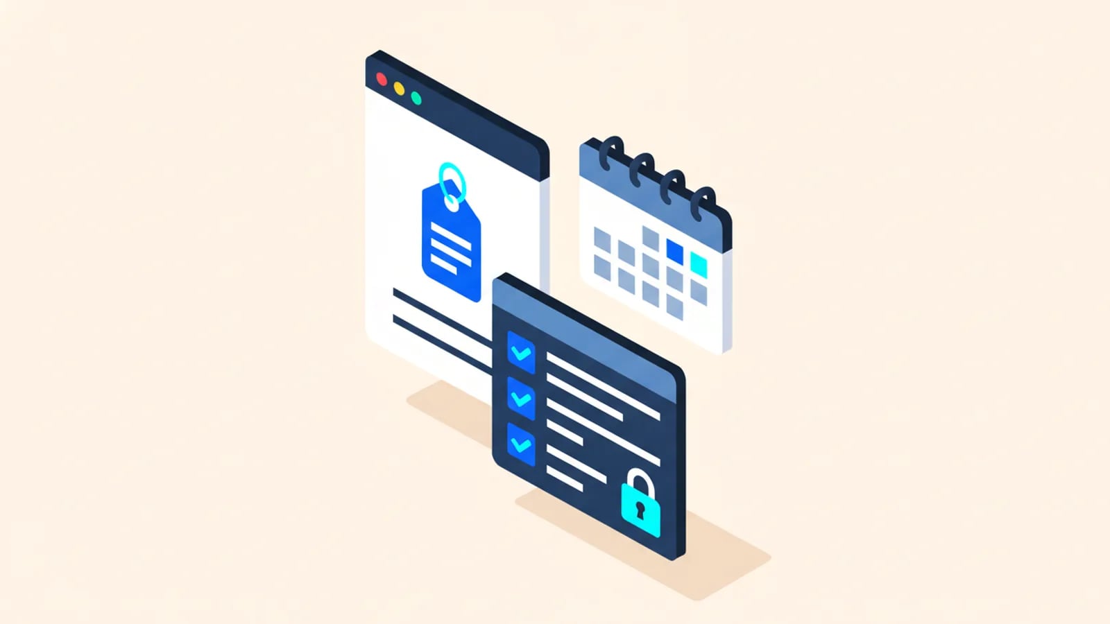 Isometric illustration of an app window with a single price tag, a calendar with one delivery date and a locked scope checklist.