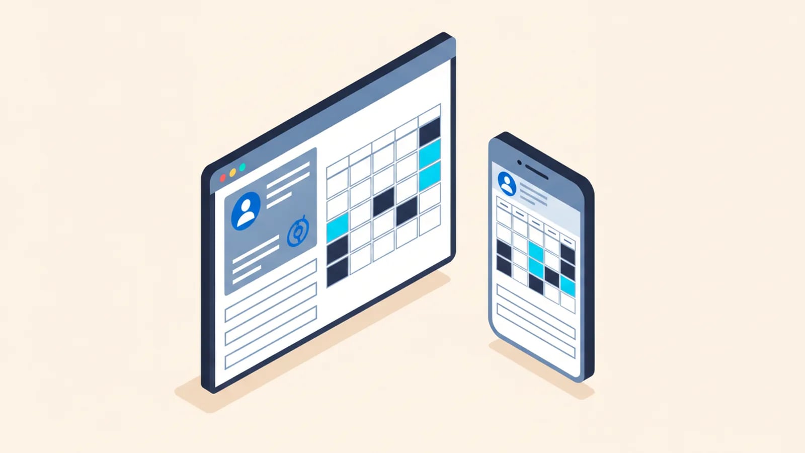 Isometric illustration of a browser window with a customer portal and booking calendar, beside a phone showing the same app.