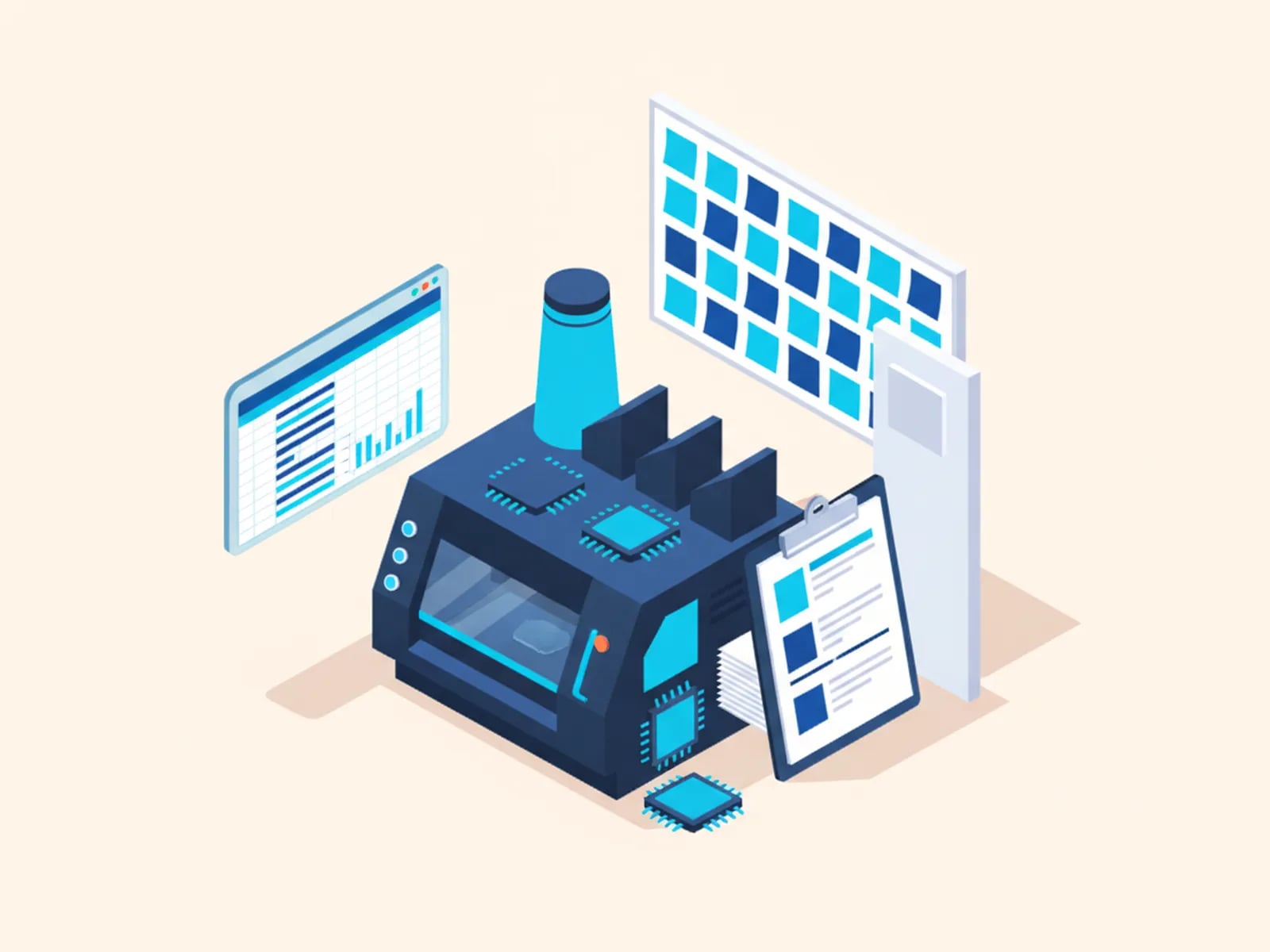 Isometric illustration of a clipboard of paper forms, a whiteboard with sticky notes and a spreadsheet beside a machine.