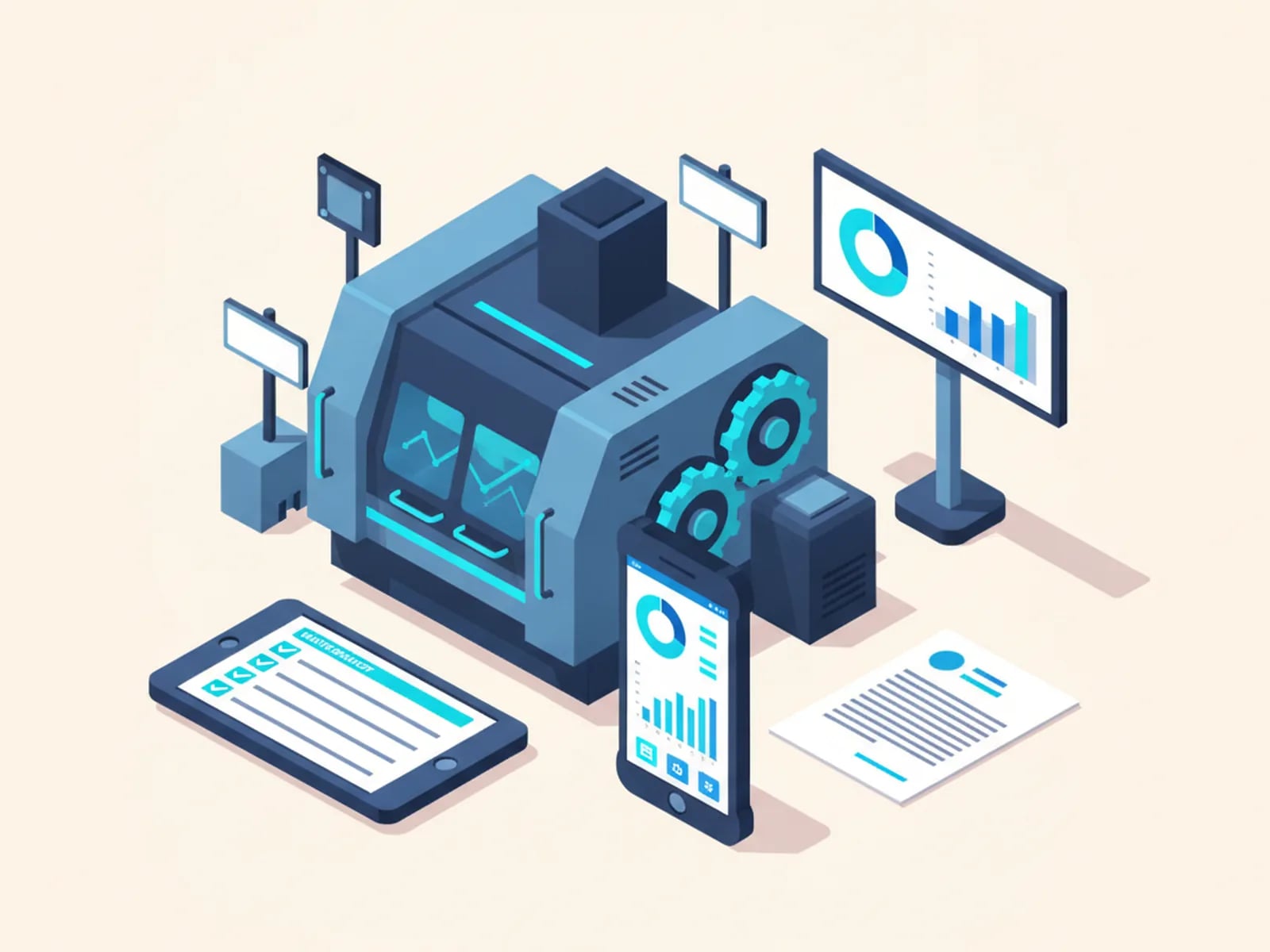 Isometric illustration of a work-order tablet, an inspection app, a production dashboard and a quote document around a machine.